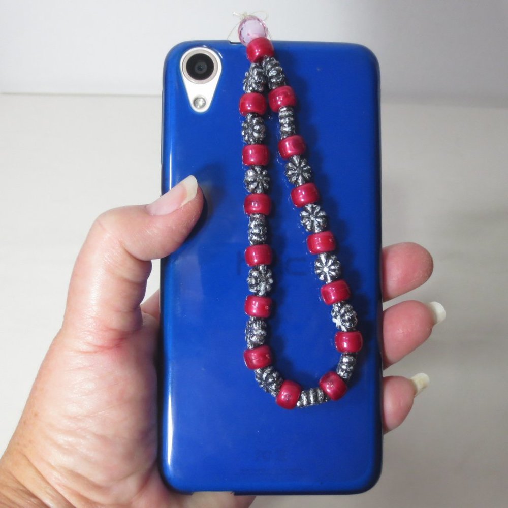 NEW Handmade Stretch Bracelet Red Silver Beaded Phone Charm Accessory Lanyard